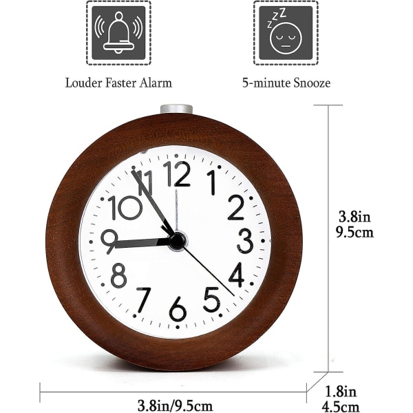 4 tums analog väckarklocka i trä Batteridriven tickar inte med snooze-knapp, nattljus, mild väckning Round Brown