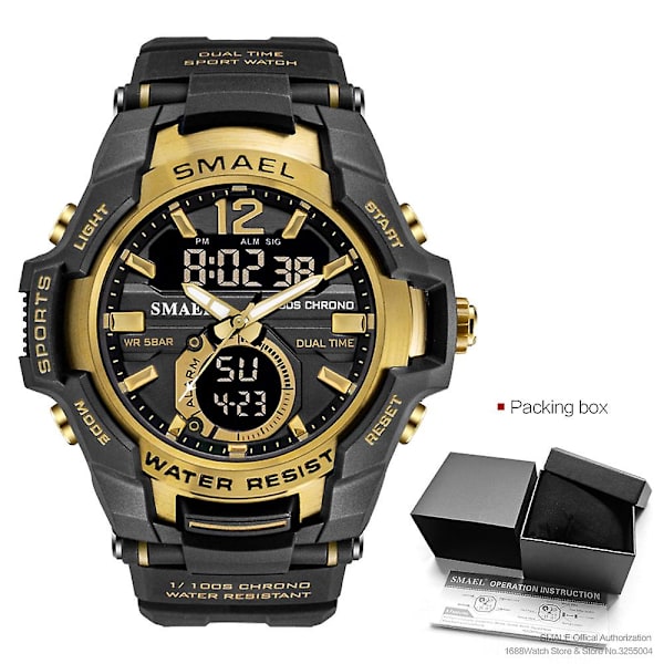 Smael Dual Time Army -urheilukello miehille, valoisa, vedenpitävä kvartsi digitaalinen rannekello herätyskellolla ja LED-taustavalolla sekä kalenterilla 1805 Black gold-Box