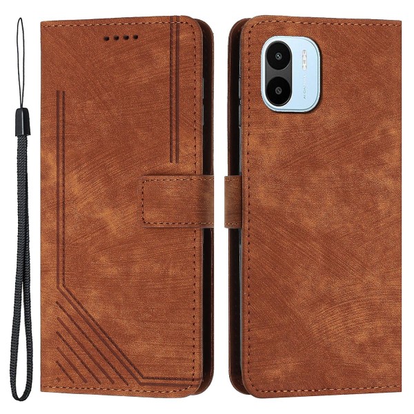 För Xiaomi Redmi A1 4g / A2 4g Skin-touch läder phone case linjer med tryckt stativ Cover Brown