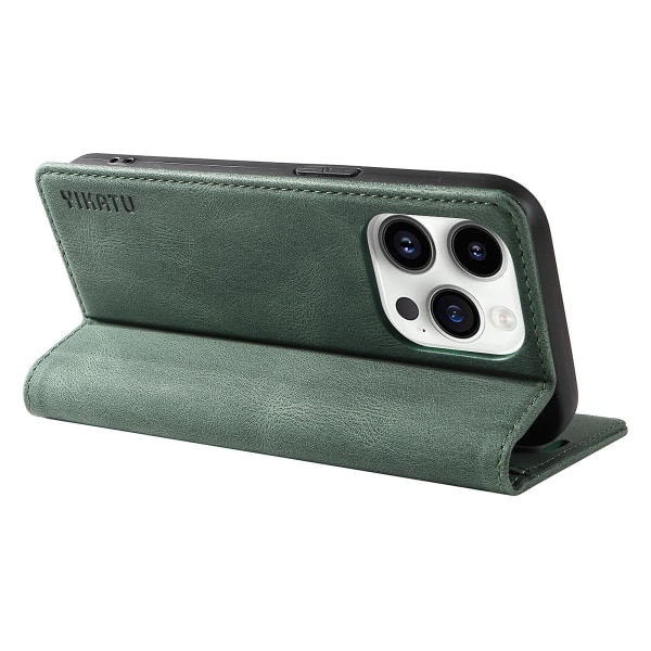 IPhone 15 Pro Max -puhelimen Skin-touch PU-nahkakuori, lompakko ja jalustallinen suojakotelo Green