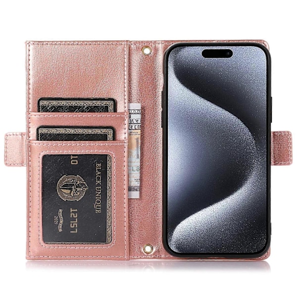 For iPhone 15 Pro Max Deksel Litchi Tekstur Glidelåslomme Lærdeksel med Stropp Multicolor Style C