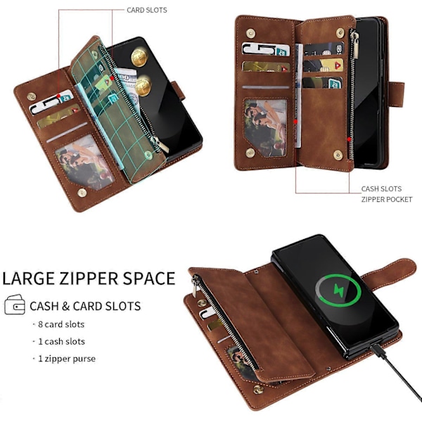 Fodral för Samsung Galaxy Z Fold6 5G med dragkedjeficka, läderfodral med axelrem Multicolor Style D