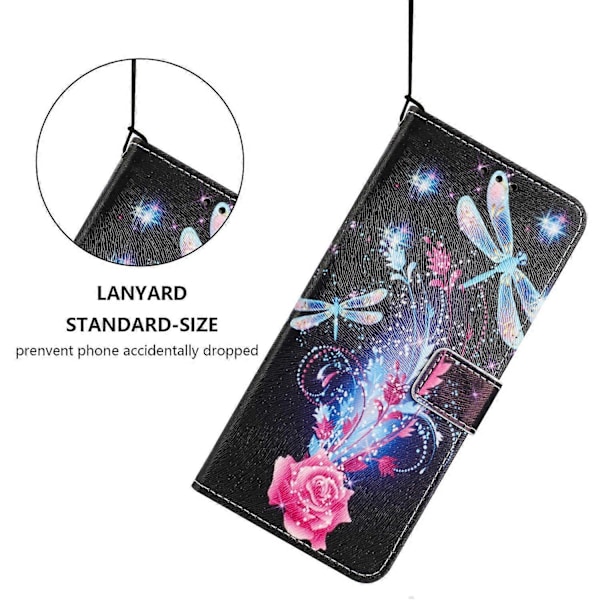 YX-2501 Plånboksfodral för iPhone 15 Plus/ 14 Plus Mönstertryck PU Läder Telefonskal med Snodd Multicolor Dragonfly