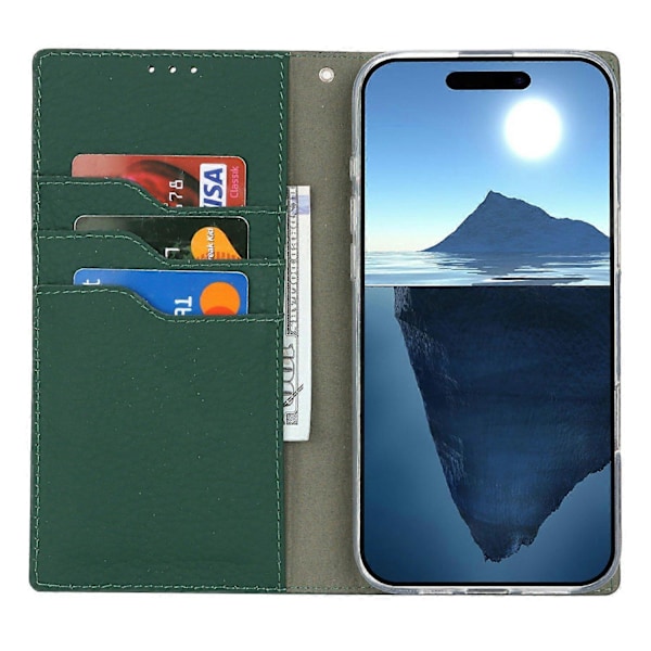 For iPhone 16 Pro Wallet Case Ægte Ko Læder Telefon Cover Litchi Tekstur Multicolor Style C