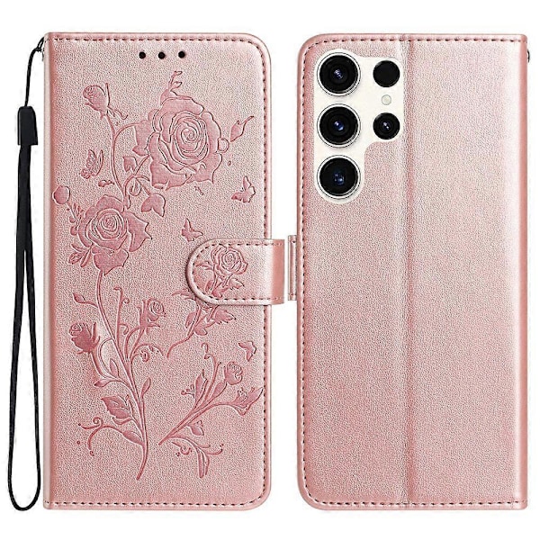 Til Samsung Galaxy S24 Ultra Wallet Case Rose Mønster Præget Læder Flip Stand Telefon Cover Multicolor Rose Gold
