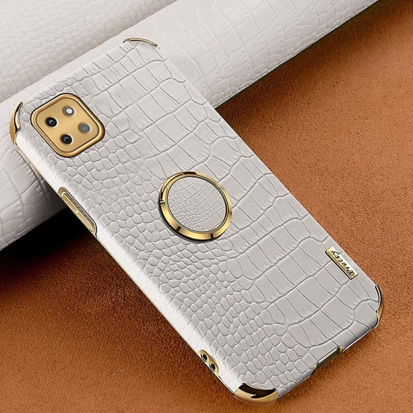 Samsung Galaxy A22 5G (EU-versio) krokotiilinnahkajäljitelmä PU-nahkapäällysteinen TPU-kotelo galvanoidulla sormuksella ja jalustalla White