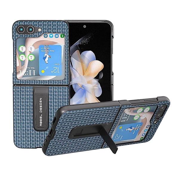 Ylellinen teksturoitu jalustakotelo Samsung Galaxy Z Flip5 5g -puhelimelle, aitoa lehmännahkaa + PC-puhelinkotelo Blue