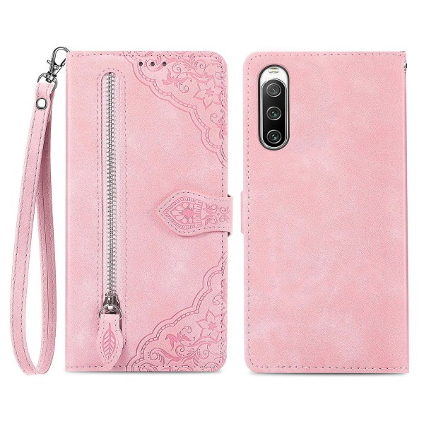 För Sony Xperia 10 Iv 5g Flower Imprinted Pattern Pu Läder Cover Mobiltelefonfodral Handsfree Stand Case Pink