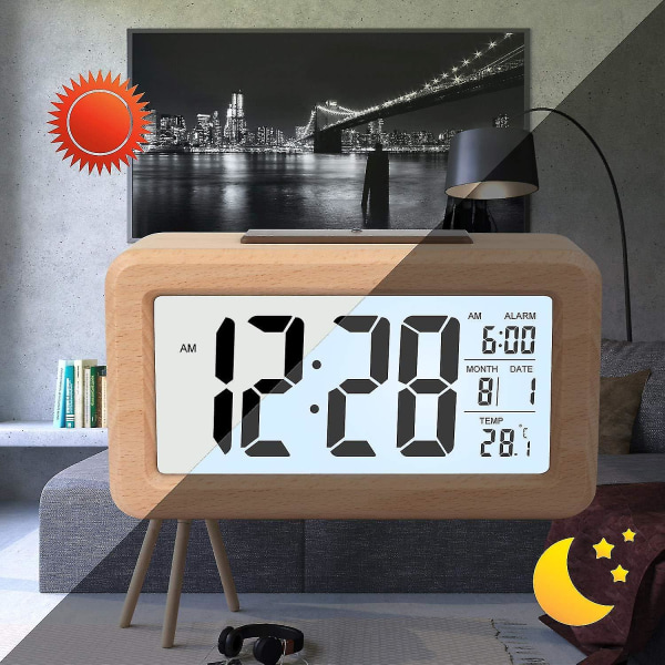 Enkelt set digital väckarklocka i trä med temperatur, datum, bakgrundsbelysning, snooze, för sovrum, säng, hem, kontor, icke tickande