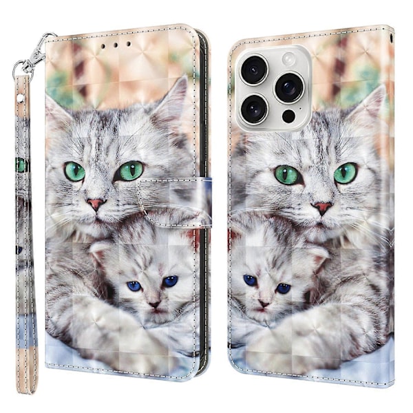 Til iPhone 16 Pro Etui Stativ Mønsterprint Læder Telefon Cover - Stående Kat Multicolor Two Cats