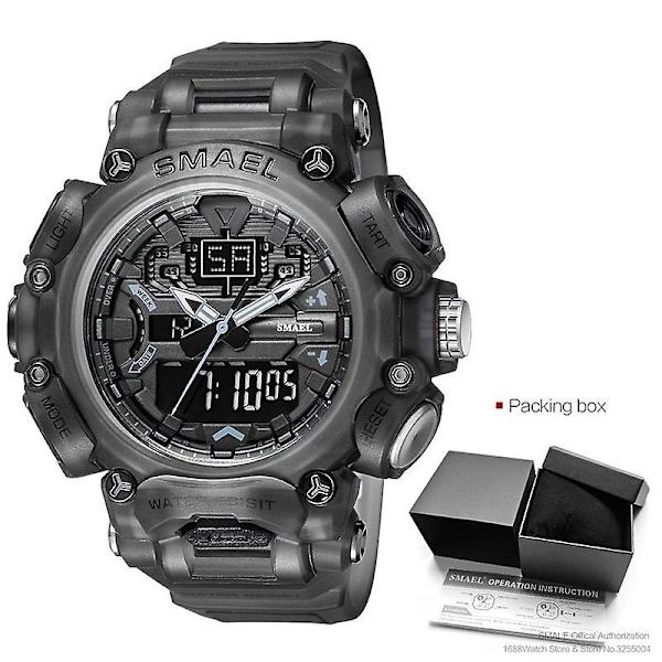 Smael Dual Time LED Digitaalinen Kello Miehille 50m Vedenkestävä Kronografi Kvartsikellot Oranssi Sotilaallinen Urheilu Elektroninen Rannekello Black-Box