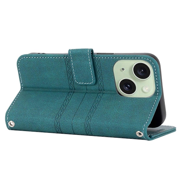 För iPhone 15 Plus Skal Präglat PU Läder Plånbok Anti-fall Telefonskydd med Rem Multicolor Style E