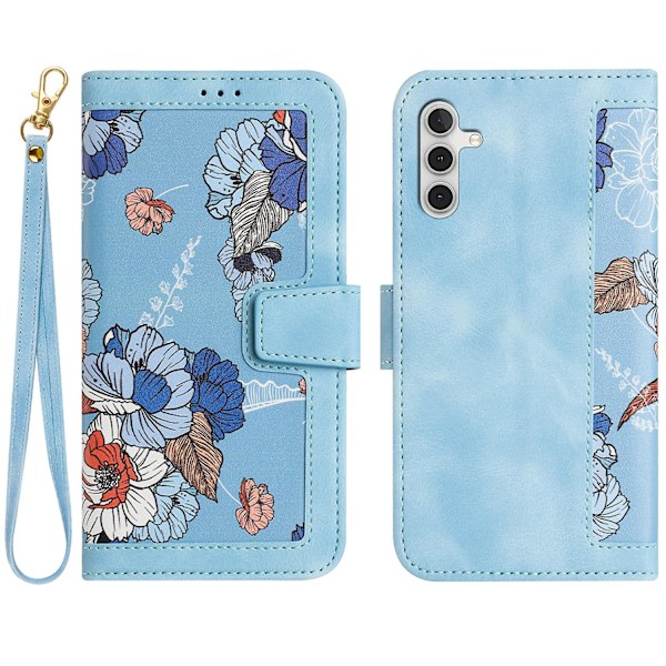 For Samsung Galaxy A34 5g Telefondeksel Blomstermønster Trykk Stativ Lærdeksel Med Kortspor Baby Blue