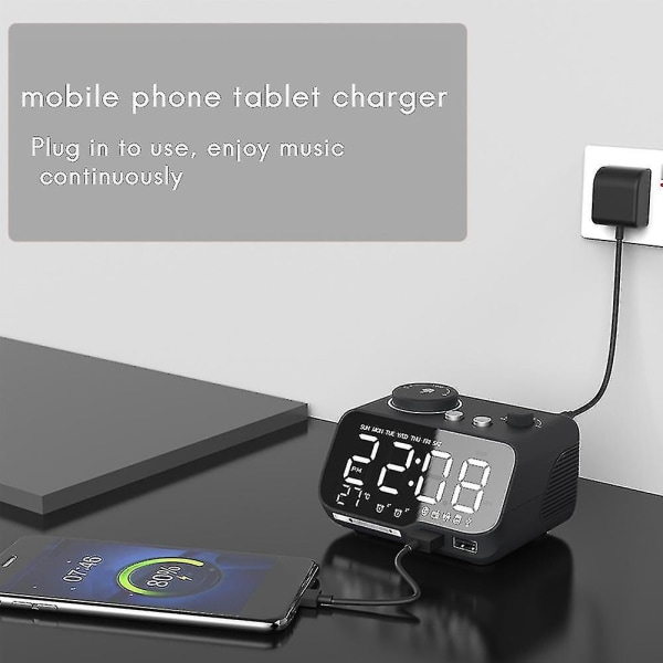 USB Oplader LED Digital Vækkeur med FM Radio, (sort) EU Stik A