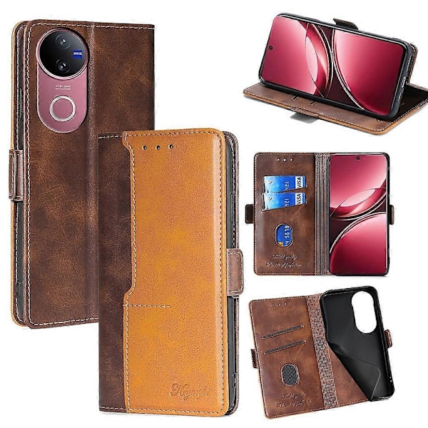 Kontrastfarvet tegnebog i læder til vivo V50 5G Multicolor Dark Brown + Gold