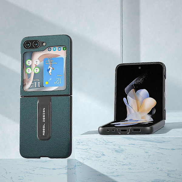 Til Samsung Galaxy Z Flip5 5G Bagcover Støtteben Ægte Koskindslæder+PC Telefoncover Multicolor Style D