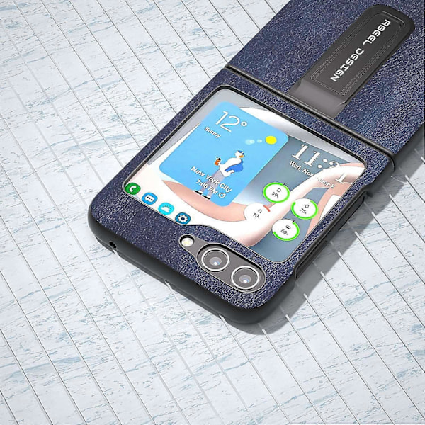 För Samsung Galaxy Z Flip5 5G Mobilskal med Kohudstruktur PU Läderbelagd PC Ställ Multicolor Style D