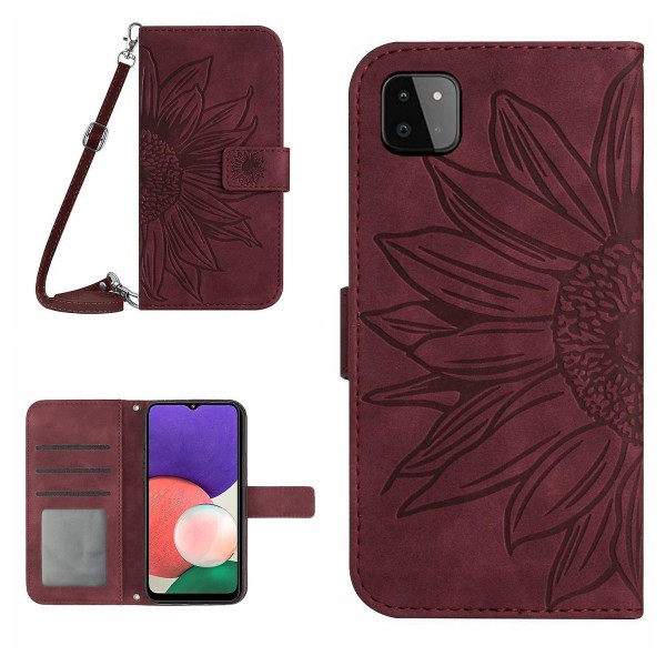 Til Samsung Galaxy A22 5g (EU Version) Ht04 Præget Solsikke Pu Læder Smartphone Cover Stativ Stødsikker Hud-venlig Telefon Wallet Etui Med Skulderrem Wine Red
