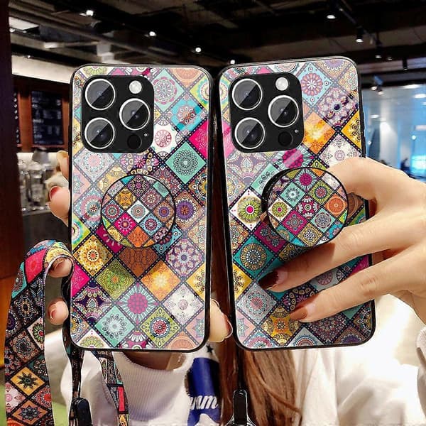 Deksel til iPhone 16 Pro Max med stativ, etnisk mønster, herdet glass og stropp Multicolor Color Pattern