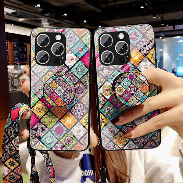 iPhone 16 Pro Max -kotelo, jalusta, etninen kuvio, karkaistu lasinen puhelinkuori hihnalla Multicolor Color Pattern