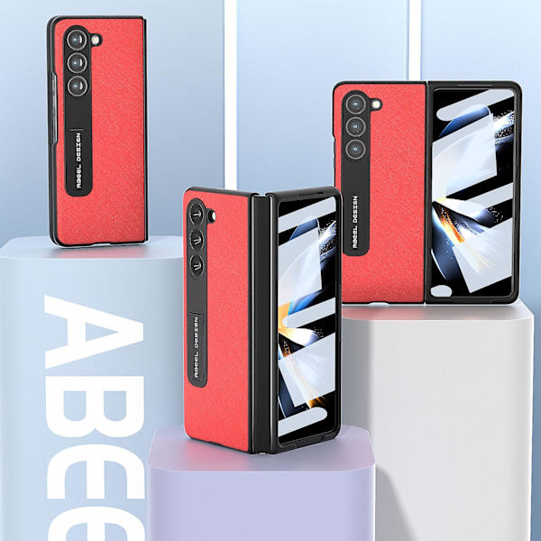 För Samsung Galaxy Z Fold5 5g Kickstand Vikbart phone case Cross Texture Kohud Läder+PC cover Red