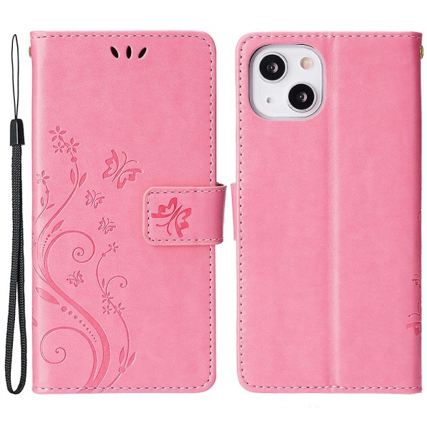 För Iphone 15 Plus Pu Läder Cover Phone case Imprinted Butterflies Shell Stand with rem Pink