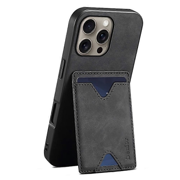 DENIOR Etui til iPhone 16 Pro Max Læder+TPU Kort Slot Støtteben Telefon Cover- Multicolor Black