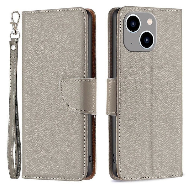 Til iPhone 15 Plus Støvtæt PU Læder Mobiltelefon Cover Wallet Flip Stand Case med Rem Multicolor Style A