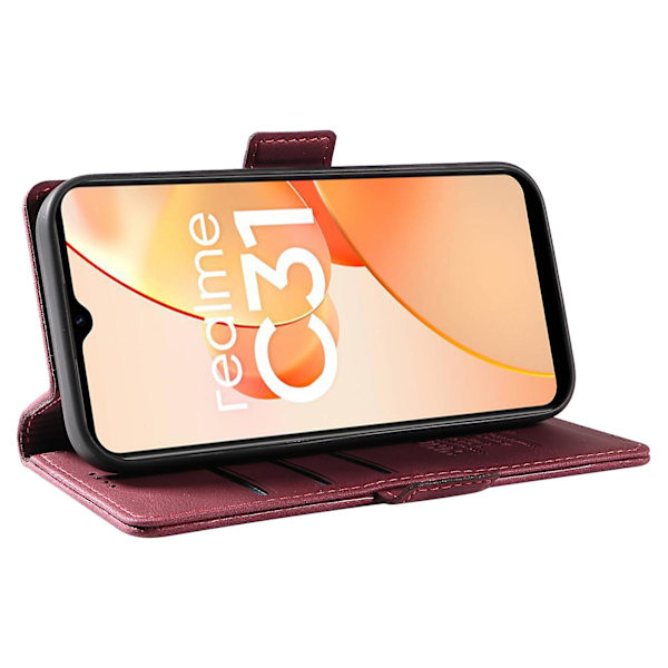 Pu Phone case för Realme C31 Wallet Skin-touch Flip Stand Cover Wine Red