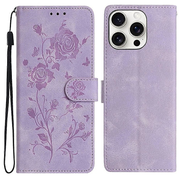 For iPhone 16 Pro Max Wallet Case Rose Mønster Præget Læder Flip Stand Telefon Cover Multicolor Light Purple