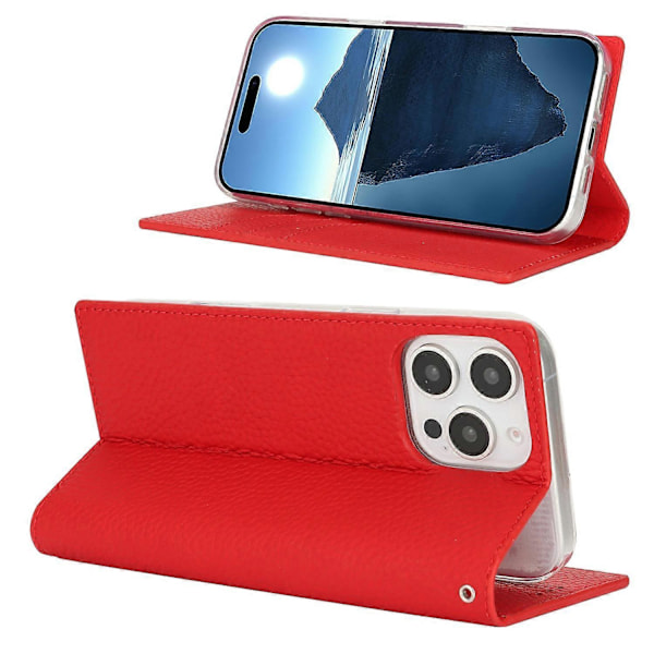For iPhone 16 Pro Wallet Case Ægte Ko Læder Telefon Cover Litchi Tekstur Multicolor Style E