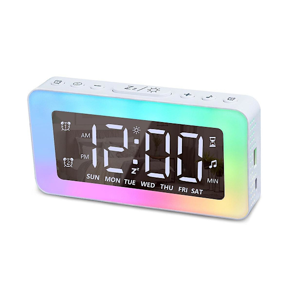Vækkeure Til Soveværelser Spejlur Med 8 Rgb Atmosfærelys Dobbelte Alarmer 3 Alarmtilstande Snooze White