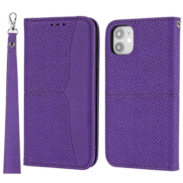 Auto-absorbert vevd tekstur lommebok stativ skinnetui med praktisk stropp for iPhone 11 6.1 tommer
