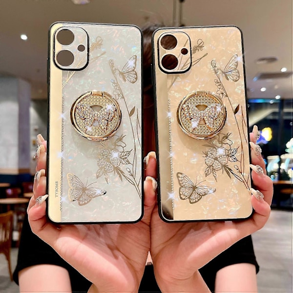 Til Samsung Galaxy A06 Etui Rhinestones Dekor Støtteben TPU+PC Sommerfugl Blomster Telefon Cover Multicolor Style B