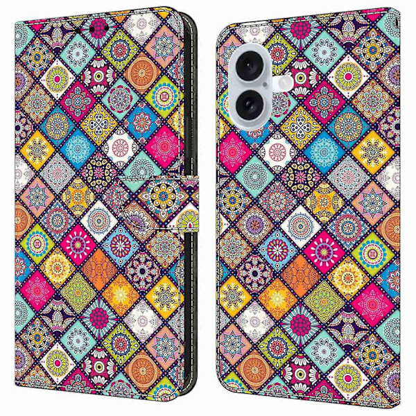 Skal för iPhone 16 Mönstertryckt Skyddande Fodral TPU+PU Läder Flip Telefonfodral Multicolor Style B