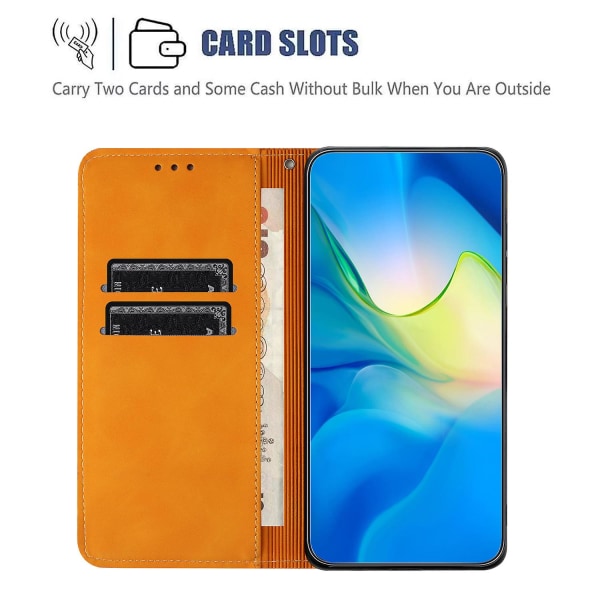 Wallet Case til iPhone 15 Plus Foldbart Stativ PU Læder Retro Blomsterpræget Telefoncover Yellow