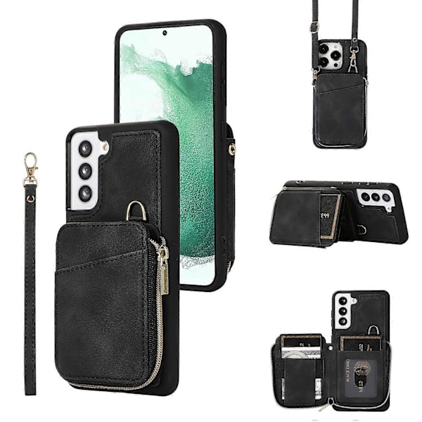 Wallet Telefon Cover til Samsung Galaxy S22 5G, Lynlås Design Cover Støtteben PU Læder+TPU Skal Multicolor Style B