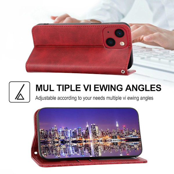 För Iphone 14 anti-scratch Kalv Texture Magnetisk Plånbok Pu Case Imprinted Rhombus Mönster Stand Cover med rem Red