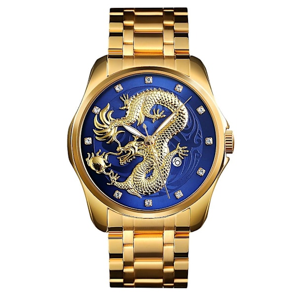 Skmei 9193 Men Golden Dragon Pattern Dial Quartz Watch Gold Blue