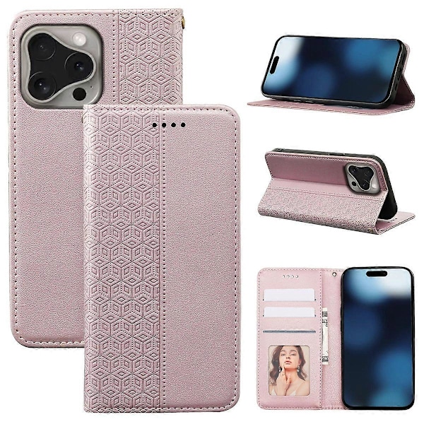 Plånboksfodral för iPhone 16 Pro Max Stark Magnetisk Rutmönstrad Präglad Läder Flip Cover Multicolor Rose Gold