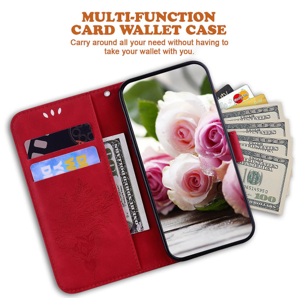 Til Samsung Galaxy S23 Fe Stødsikkert Wallet Case Rose Præget Læder Stand Telefon Cover Red