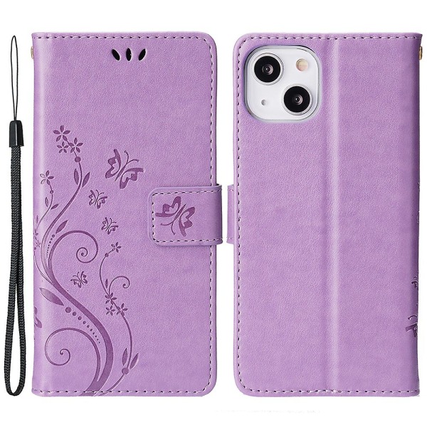 För Iphone 15 Plus Pu Läder Cover Phone case Imprinted Butterflies Shell Stand with rem Light Purple