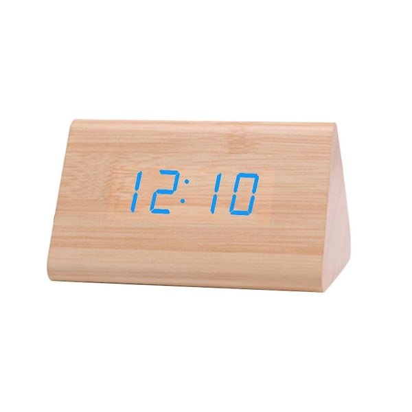 Digitalt Træ USB LED Natlys Vækkeur Termometer Display Ur BambooBlue