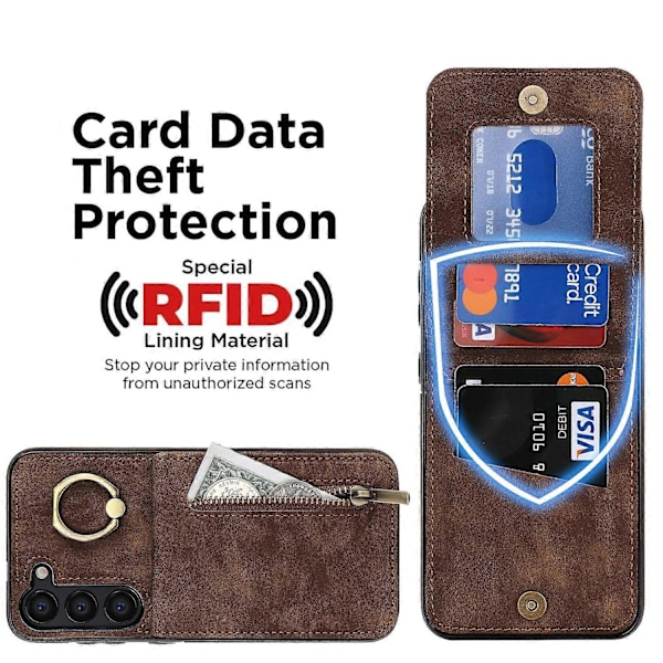 RFID-skyddande telefonfodral med stativ för Samsung Galaxy S23+ Retro PU+TPU plånboksfodral med dragkedja Multicolor Style F