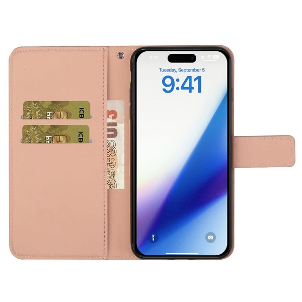 Læder Wallet Case til iPhone 15 Pro, Præget Blomster Folio Flip Stand Telefon Cover Pink