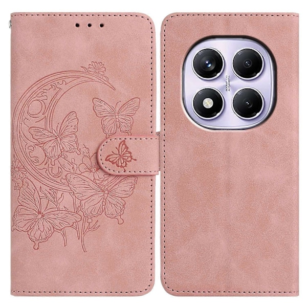 Til Xiaomi Redmi Note 14 Pro 4G Etui Sommerfugl Blomst Præget PU Læderpung Stativ Telefoncover Multicolor Rose Gold