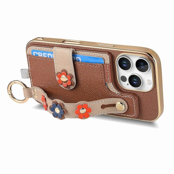 W2 iPhone 16 Pro -kotelo korttipidikkeellä, nahkainen takakansi, 3D-kukka rannekoru - Vihreä Multicolor Brown