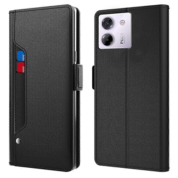 For Xiaomi Poco M7 Pro 5G Deksel Stativ PU Lær Telefondeksel Kortholder Speil Multicolor Black