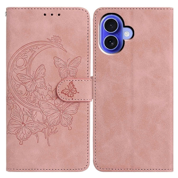 For iPhone 16 Etui Sommerfugl Blomst Præget PU Læder Pung Stand Telefon Cover Multicolor Rose Gold