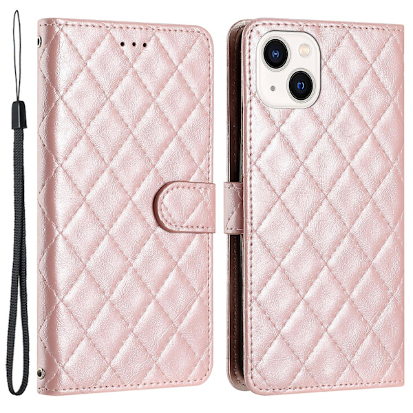 Rhombus Stitching Line Shell För Iphone 15, läderfodral Case Cover Rose Gold